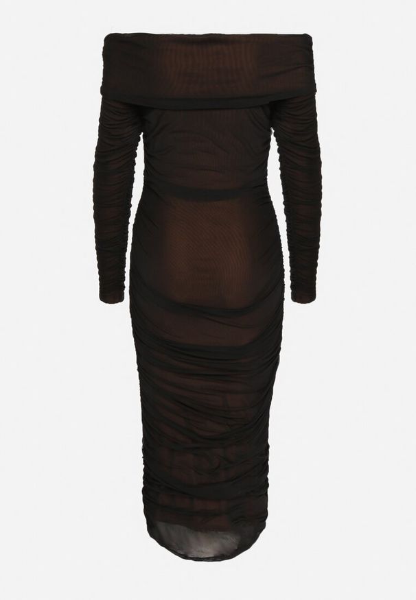 Born2be - Czarno-Brązowa Marszczona Sukienka Siateczkowa Hiszpanka z Wywiniętym Dekoltem Tinaveris. Typ kołnierza: dekolt hiszpanka. Kolor: czarny. Długość rękawa: długi rękaw. Sezon: lato. Styl: elegancki, klasyczny