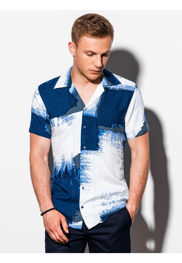 Ombre Clothing - Koszula męska z krótkim rękawem - niebieska K554 - L. Kolor: niebieski. Materiał: wiskoza. Długość rękawa: krótki rękaw. Długość: krótkie