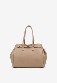 Renee - Beżowa Torebka Shopper z Dwoma Rączkami Ozdobiona Paskiem z Klamrą Remisse. Kolor: beżowy. Wzór: aplikacja. Styl: klasyczny, casual, elegancki. Rodzaj torebki: na ramię
