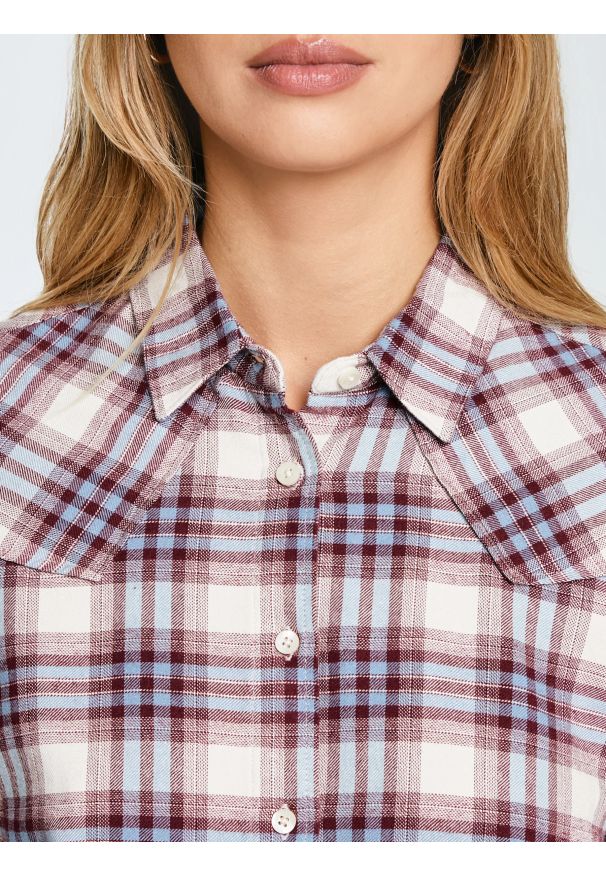 Big-Star - Koszula damska flanelowa z w kratę niebiesko-bordowa Dreni 401. Okazja: na co dzień. Typ kołnierza: kołnierzyk klasyczny. Kolor: niebieski. Materiał: jeans, tkanina. Styl: casual, klasyczny