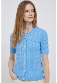 Polo Ralph Lauren kardigan bawełniany kolor niebieski lekki. Typ kołnierza: polo. Kolor: niebieski. Materiał: bawełna. Długość rękawa: krótki rękaw. Długość: krótkie. Wzór: ze splotem #1