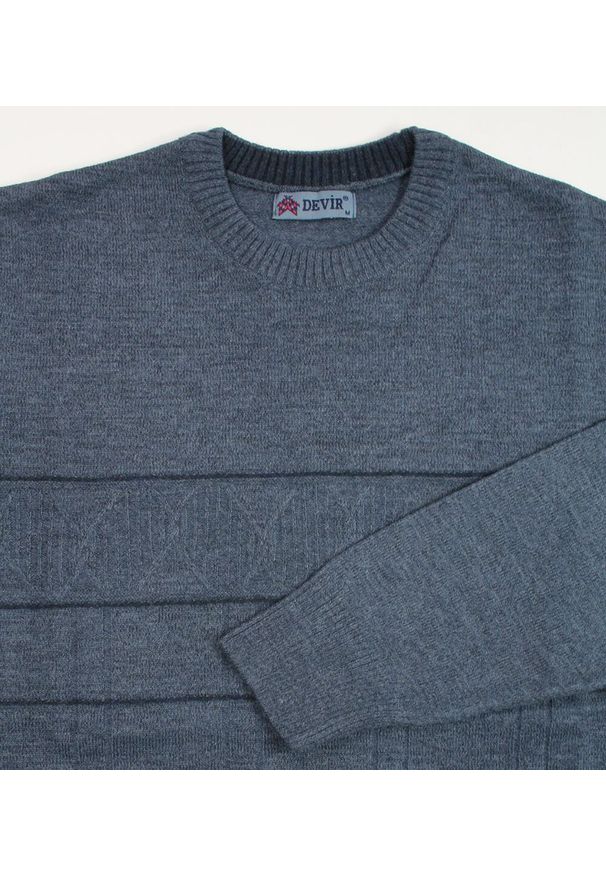 Devir - Sweter Jeansowy, Wełniany w Paski, Okrągły Dekolt, U-neck, Męski, Elegancki -DEVIR. Okazja: do pracy, na co dzień, na spotkanie biznesowe. Kolor: niebieski. Materiał: wełna, akryl. Wzór: paski. Styl: elegancki