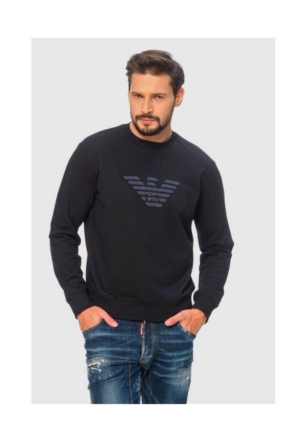 Emporio Armani - EMPORIO ARMANI Granatowa bluza męska z wyszywanym logo, Rozmiar S. Kolor: niebieski. Materiał: prążkowany