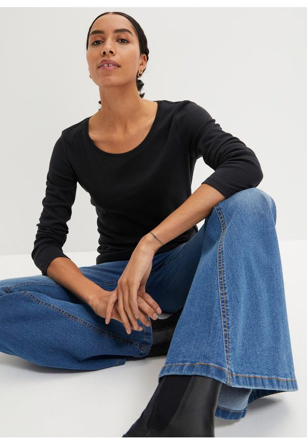 bonprix - Bluzka z długim rękawem z czystej bawełny organicznej. Kolor: czarny. Materiał: bawełna. Długość rękawa: długi rękaw. Długość: długie. Wzór: prążki