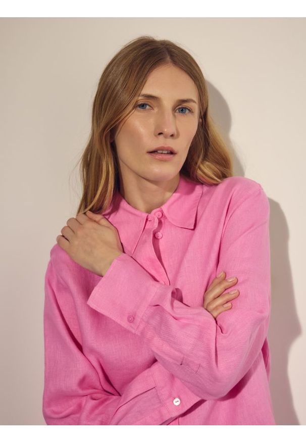 Reserved - Lniana koszula - różowy. Kolor: różowy. Materiał: len