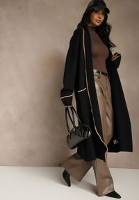 Renee - Czarny Niezapinany Kardigan o Długim Kroju z Lamówką Venisse. Okazja: na co dzień. Kolor: czarny. Materiał: jeans. Długość: długie. Styl: casual, klasyczny #3