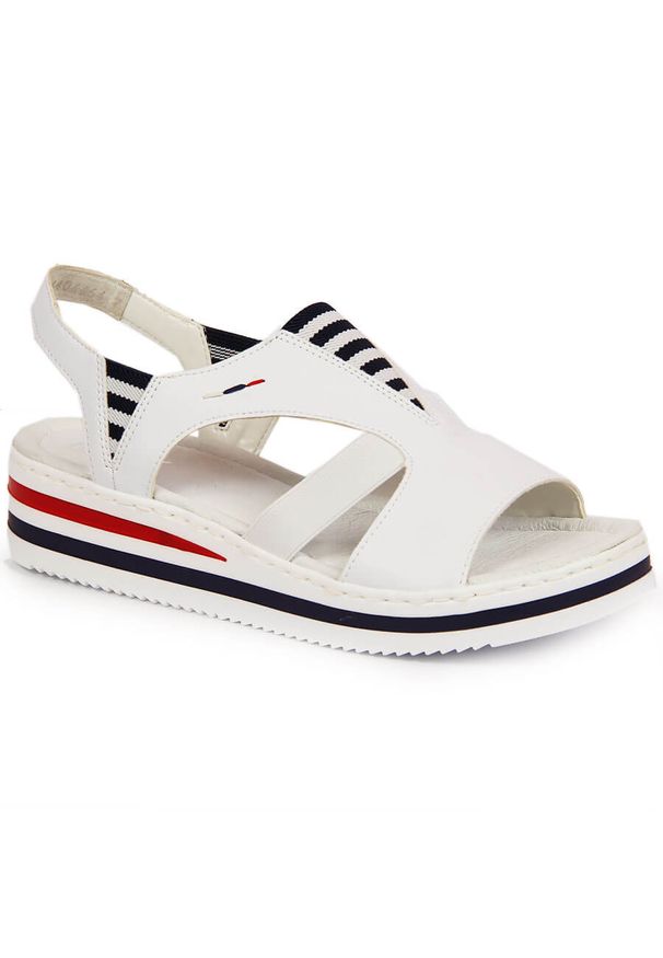 Komfortowe sandały damskie wsuwane na koturnie białe Rieker V02Y5-80. Zapięcie: bez zapięcia. Kolor: biały. Materiał: skóra ekologiczna. Obcas: na koturnie