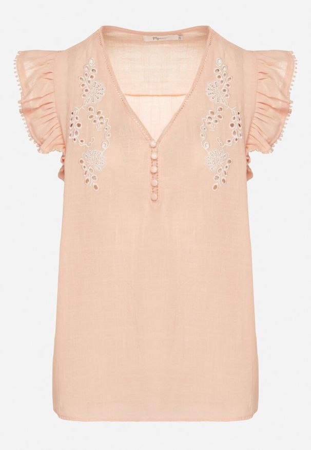 Born2be - Różowa Bawełniana Bluzka Zdobiona Haftem i Falbanką Taloretia. Okazja: na co dzień. Typ kołnierza: dekolt w serek. Kolor: różowy. Materiał: bawełna. Długość rękawa: krótki rękaw. Długość: krótkie. Wzór: aplikacja, haft. Styl: casual, elegancki