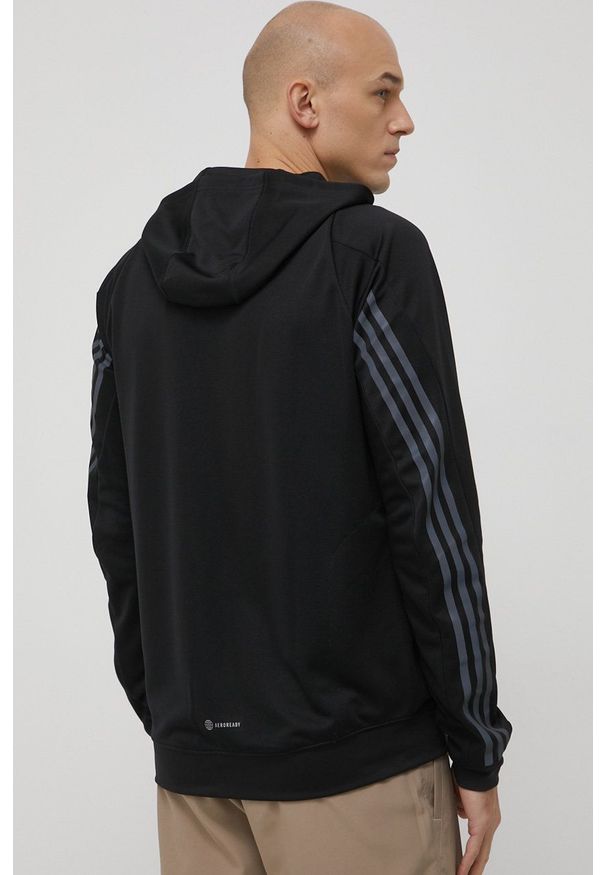 adidas Performance bluza do biegania Run Icon HE2472 męska kolor czarny z kapturem z nadrukiem. Typ kołnierza: kaptur. Kolor: czarny. Materiał: skóra, poliester, dzianina, materiał. Wzór: nadruk