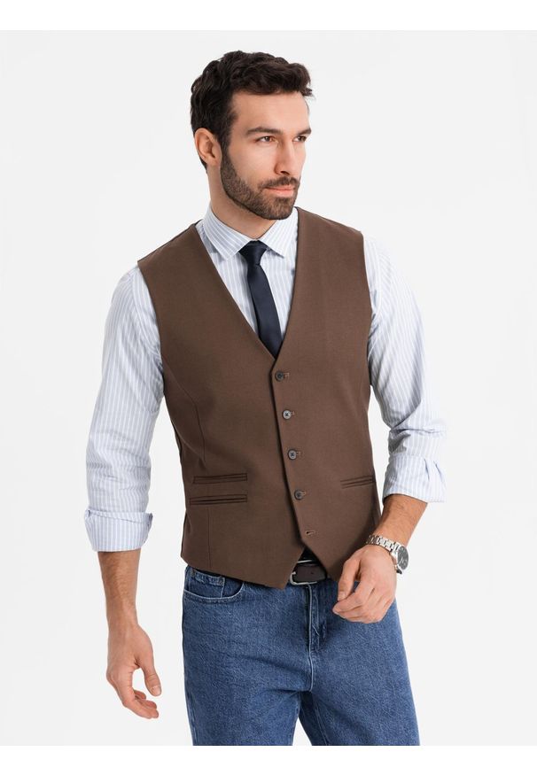 Ombre Clothing - Męska kamizelka garniturowa z klasycznym detalem i podszewką – brązowa V2 - Rozmiar: L. Kolor: brązowy. Materiał: wiskoza, poliester, materiał. Styl: klasyczny