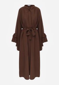 Born2be - Brązowa Wiskozowa Sukienka Koszulowa z Falbanami przy Rękawach i Paskiem Dinirae. Okazja: na co dzień. Kolor: brązowy. Materiał: wiskoza. Typ sukienki: koszulowe. Styl: casual, klasyczny #7