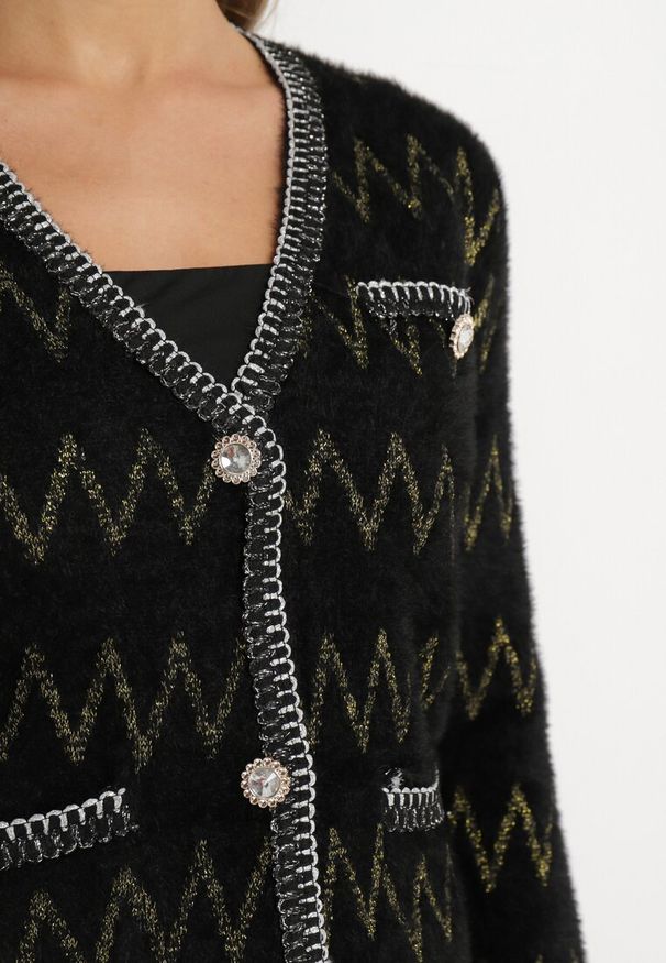 Born2be - Czarny Kardigan z Metaliczną Nitką i Cyrkoniami Siqolo. Kolor: czarny. Materiał: wiskoza, tkanina. Wzór: aplikacja