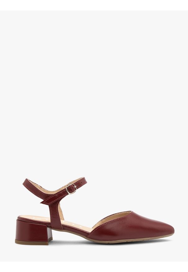 Ryłko - Bordowe czółenka damskie slingback bez pięty ELIZABETH. Okazja: na co dzień, do pracy. Zapięcie: sprzączka. Kolor: czerwony. Materiał: skóra. Obcas: na obcasie. Styl: casual, elegancki, street. Wysokość obcasa: niski