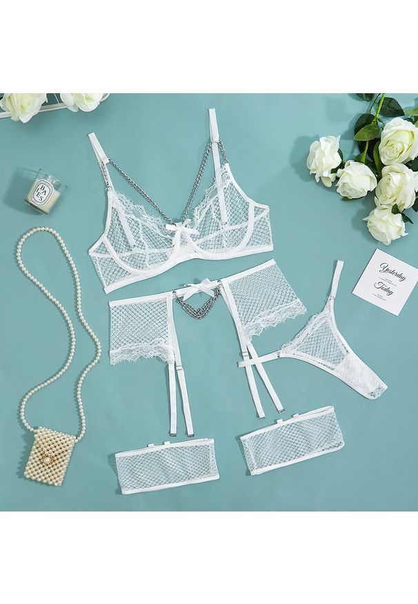 Intica - Bielizna z koronką i łańcuszkiem na romantyczne wieczory Jeehyun. Kolor: biały. Materiał: koronka. Wzór: koronka