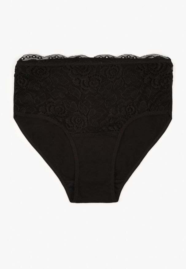 Renee - Czarne Majtki Figi z Bawełny Zdobione Koronką Idivia. Kolekcja: plus size. Kolor: czarny. Materiał: koronka, bawełna. Wzór: koronka, aplikacja