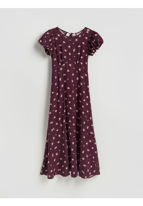 Reserved - Wzorzysta sukienka maxi - brązowy. Kolor: brązowy. Materiał: wiskoza, tkanina, len. Typ sukienki: proste. Długość: maxi