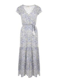 Born2be - Biało-Niebieska Sukienka ze Sznurkiem Cillereia. Typ kołnierza: kołnierz z falbankami. Kolor: niebieski. Materiał: tkanina, wiskoza. Długość rękawa: krótki rękaw. Wzór: nadruk, kwiaty. Długość: maxi #5