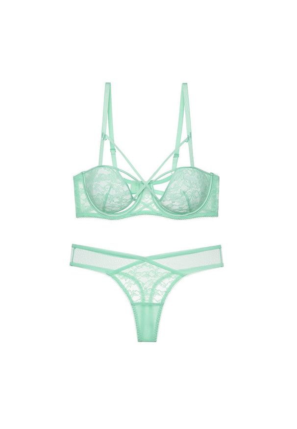 Intica - Komplet bielizny koronkowej ze strapsami regulowanymi Behjat. Kolor: zielony. Materiał: koronka. Wzór: paski, koronka