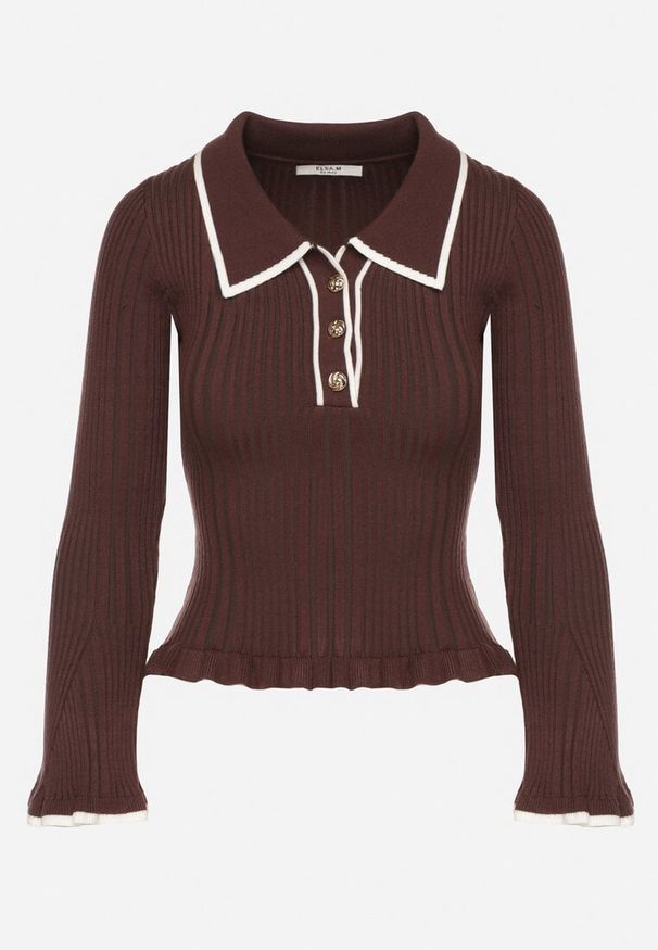 Born2be - Brązowy Sweter z Wiskozą w Stylu Retro z Kołnierzykiem i Guzikami Sarrise. Okazja: na co dzień, do pracy, na spotkanie biznesowe. Typ kołnierza: kołnierz z falbankami. Kolor: brązowy. Materiał: wiskoza. Wzór: aplikacja. Styl: retro