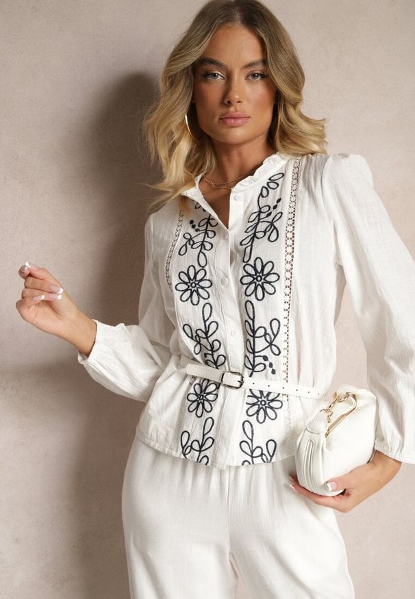Renee - Biała Koszula z Wiskozą Bawełną i Haftem Nalorielle. Okazja: na co dzień. Kolor: biały. Materiał: bawełna, wiskoza. Wzór: haft. Styl: elegancki, casual