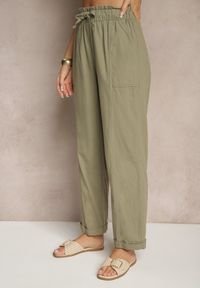 Renee - Ciemnozielone Spodnie z Bawełny High Waist z Wiązaniem Tyswia. Okazja: na co dzień. Stan: podwyższony. Kolor: zielony. Materiał: bawełna. Styl: casual, elegancki #5