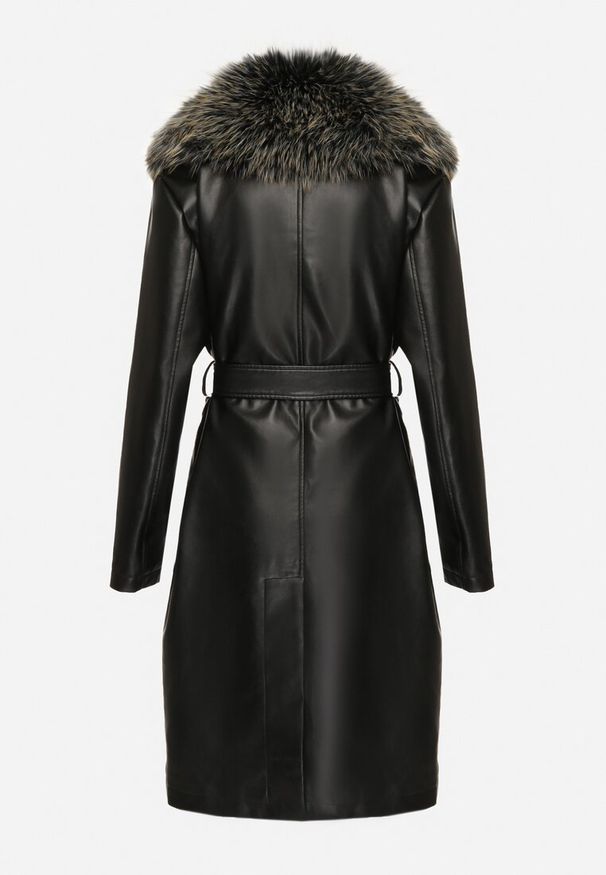 Born2be - Czarny Jednorzędowy Płaszcz z Imitacji Skóry z Wiązanym Paskiem i Odpinanym Futrem Semivora. Okazja: na co dzień. Kolor: czarny. Materiał: futro, skóra. Długość rękawa: długi rękaw. Długość: długie. Styl: elegancki, casual, rockowy