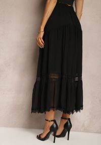 Renee - Czarna Spódnica Maxi Rozkloszowana z Ozdobną Tasiemką z Koronki Rionette. Okazja: na co dzień. Kolor: czarny. Materiał: koronka. Wzór: koronka. Styl: elegancki, casual #3