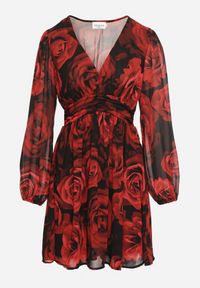 Born2be - Czarno-Czerwona Rozkloszowana Sukienka w Róże z Bufiastymi Rękawami i Marszczeniem w Talii Senarielle. Okazja: na co dzień, na imprezę. Kolor: czarny. Materiał: skóra. Sezon: wiosna. Styl: casual, elegancki #4