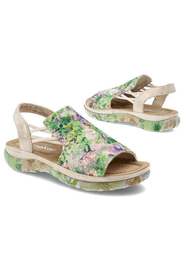 Sandały damskie Rieker, cholewka ze skóry ekologicznej z materiałowym wnętrzem i wsuwane, kolorowe, 64841-90. Okazja: na co dzień, na spacer. Zapięcie: bez zapięcia. Kolor: zielony. Materiał: materiał, skóra ekologiczna. Wzór: kolorowy. Sezon: lato. Styl: wakacyjny, casual