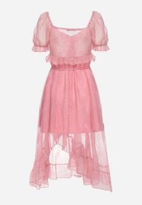 Born2be - Różowa Taliowana Sukienka z Bufiastymi Rękawami Ozdobiona Broszką i Falbanką Timadea. Kolor: różowy. Materiał: materiał. Wzór: aplikacja. Styl: elegancki #3
