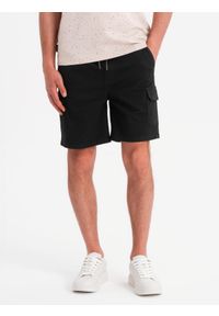Ombre Clothing - Męskie spodenki bawełniane cargo z elastycznym pasem – czarne V4 - Rozmiar: M. Okazja: na co dzień. Kolor: czarny. Materiał: bawełna. Sezon: lato. Styl: casual