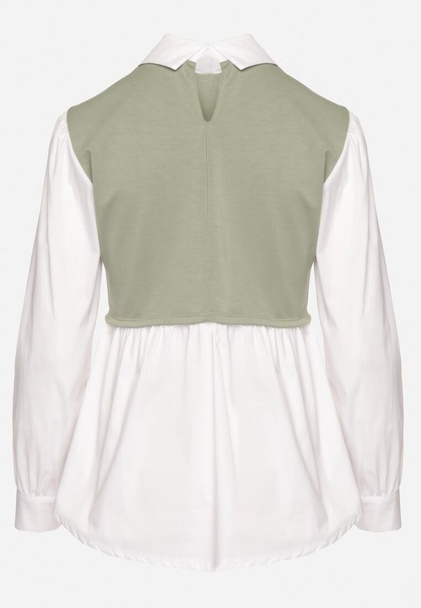 Born2be - Zielona Rozkloszowana Bluzka Koszulowa z Wiskozą z Wszytą Kamizelką z Cyrkoniami Uliaviela. Okazja: na co dzień. Typ kołnierza: kołnierzyk klasyczny. Kolor: zielony. Materiał: wiskoza. Długość rękawa: długi rękaw. Długość: długie. Wzór: aplikacja. Styl: casual, elegancki, klasyczny