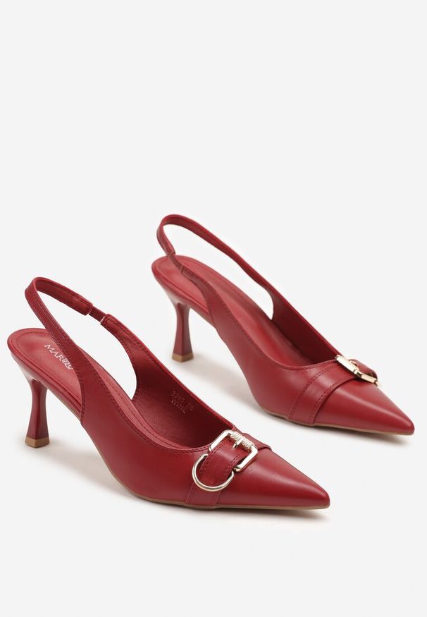 Renee - Bordowe Sandały na Szpilce Slingback Ozdobione Metaliczną Klamrą Zeornna. Okazja: na co dzień. Zapięcie: klamry. Kolor: czerwony. Wzór: aplikacja. Obcas: na szpilce. Styl: casual, elegancki