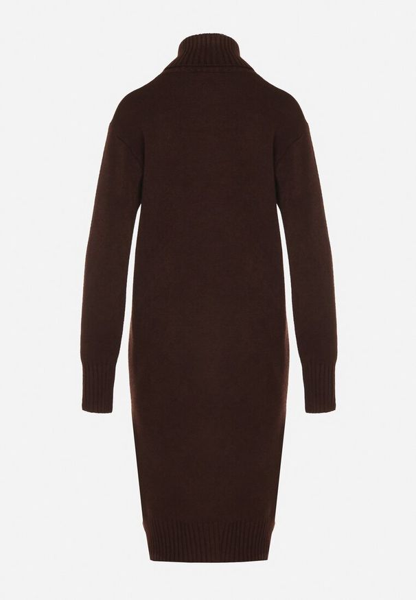 Born2be - Brązowa Dzianinowa Sukienka z Bawełną o Prostym Kroju z Golfem Tesala. Okazja: do pracy, na spotkanie biznesowe. Typ kołnierza: golf. Kolor: brązowy. Materiał: dzianina, bawełna. Wzór: jednolity. Typ sukienki: proste. Styl: klasyczny, biznesowy