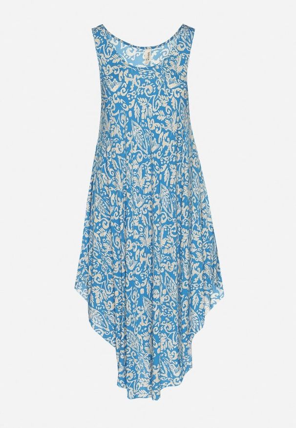 Born2be - Niebieska Asymetryczna Sukienka Bawełniana w Ornamentalny Wzór Natialira. Okazja: na co dzień. Kolor: niebieski. Materiał: bawełna. Typ sukienki: asymetryczne. Styl: casual, elegancki