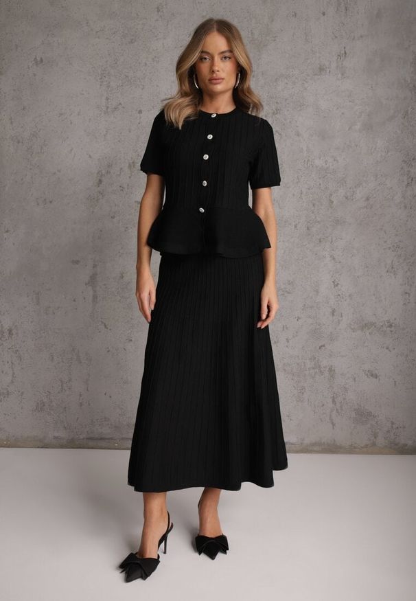 Renee - Czarny Komplet z Wiskozą Bluzka z Guzikami i Baskinką i Spódnica Narinna. Kolor: czarny. Materiał: wiskoza