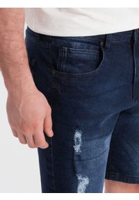 Ombre Clothing - Krótkie spodenki męskie jeansowe z dziurami – ciemnoniebieskie V3. Okazja: na co dzień. Kolor: niebieski. Materiał: jeans. Długość: krótkie. Wzór: aplikacja. Styl: klasyczny, casual #4