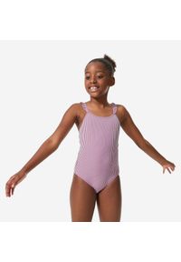 Strój jednoczęściowy pływacki dla dzieci Decathlon Lila Lanza. Kolor: fioletowy. Materiał: poliester, elastan, poliamid, materiał. Wzór: paski #1
