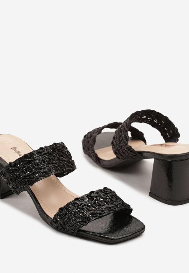 Born2be - Czarne Klapki na Obcasie z Plecioną Cholewką Tomaria. Okazja: na co dzień. Kolor: czarny. Materiał: jeans. Obcas: na obcasie. Styl: elegancki, casual. Wysokość obcasa: średni