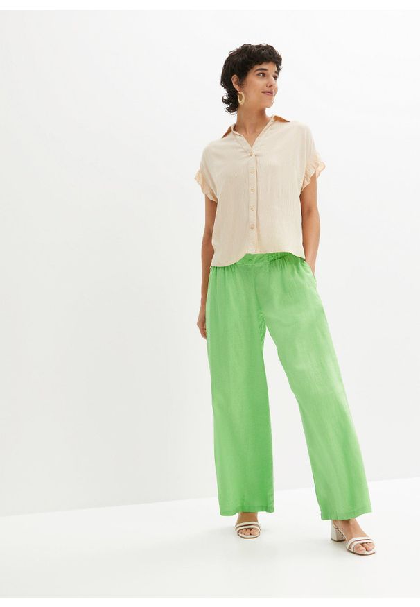bonprix - Spodnie Marlena z przewiewnej mieszanki lnu. Kolor: zielony. Materiał: len, materiał. Styl: elegancki