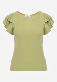 Born2be - Zielona Bawełniana Bluzka o Prostym Kroju z Krótkim Rękawem z Falbanek Himoni. Okazja: do pracy, na co dzień. Typ kołnierza: kołnierz z falbankami. Kolor: zielony. Materiał: bawełna. Długość rękawa: krótki rękaw. Długość: krótkie. Styl: elegancki, klasyczny, casual #8