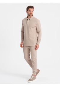 Ombre Clothing - Komplet męski dresowy bluza z kołnierzem polo + spodnie - beżowy V2. Typ kołnierza: polo. Kolor: beżowy. Materiał: dresówka #4