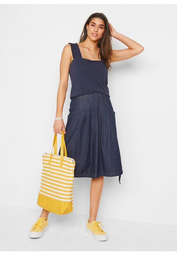 bonprix - Spódnica dżinsowa ze stretchem, ze szczypankami, wiązanym troczkiem i wygodnym paskiem w talii. Kolor: niebieski