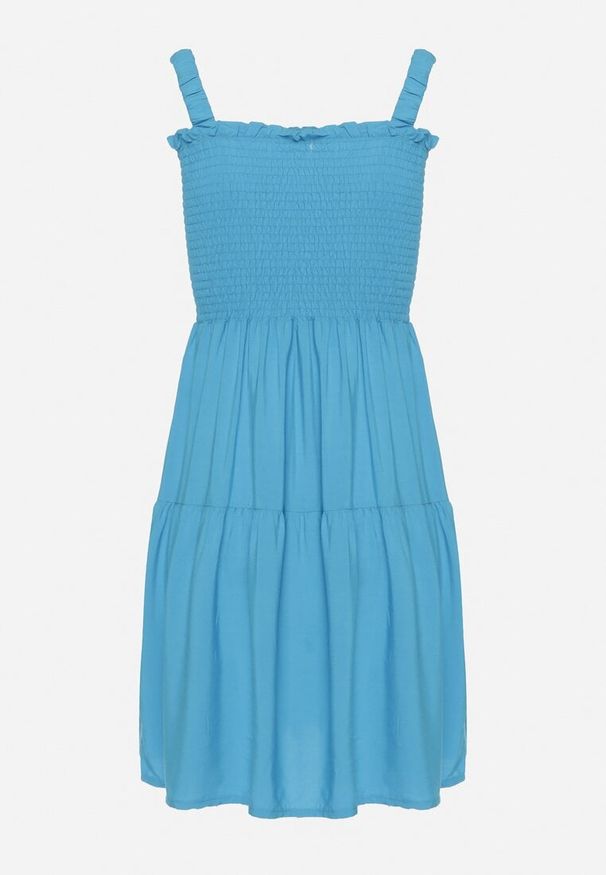 Born2be - Niebieska Sukienka na Ramiączkach z Gumką w Talii i Falbankami Tiamaree. Okazja: na co dzień. Typ kołnierza: kołnierz z falbankami. Kolor: niebieski. Długość rękawa: na ramiączkach. Sezon: lato. Typ sukienki: proste. Styl: elegancki, casual