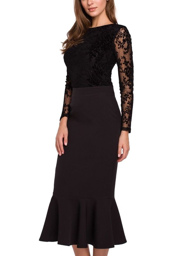 Makover - Elegancka ołówkowa spódnica midi zakończona falbaną. Materiał: elastan. Styl: elegancki
