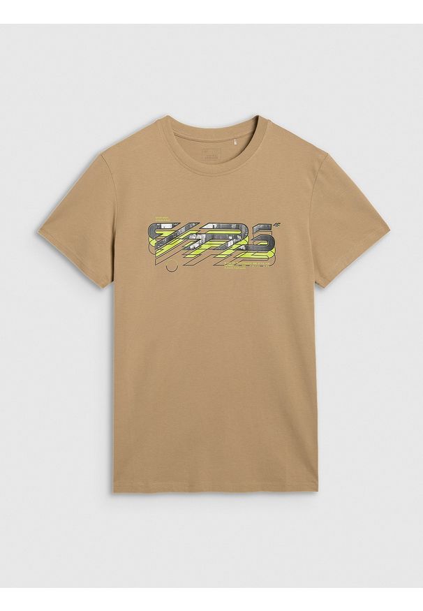 4f - 4F T-shirt regular z nadrukiem męski - beżowy XL. Kolor: beżowy. Materiał: skóra, materiał. Wzór: nadruk