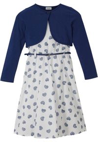 bonprix - Sukienka + bolerko + pasek (3 części). Kolor: niebieski. Wzór: nadruk #1