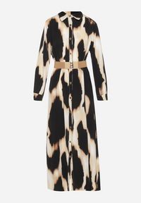 Born2be - Beżowo-Czarna Panterkowa Sukienka w Koszulowym Stylu z Elastycznym Paskiem Tinellea. Okazja: do pracy. Typ kołnierza: dekolt w serek. Kolor: beżowy. Materiał: skóra. Typ sukienki: koszulowe. Styl: elegancki #4