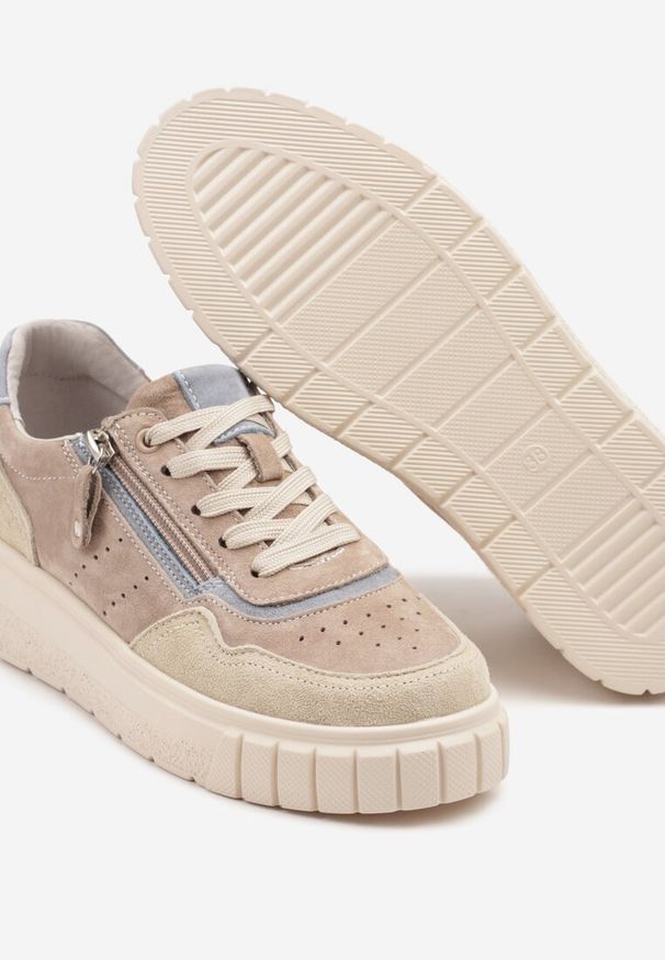 Born2be - Ciemnobeżowe Sneakersy Skórzane z Ozdobnym Suwakiem Tillirella. Okazja: na co dzień. Zapięcie: sznurówki. Kolor: beżowy. Materiał: skóra