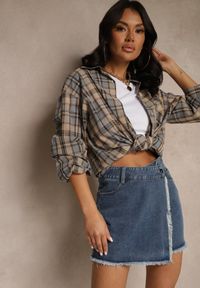 Renee - Granatowe Bawełniane Jeansowe Spódnico-Spodenki High Waist o Asymetrycznym Kroju Alwiwi. Okazja: na co dzień. Stan: podwyższony. Kolor: niebieski. Materiał: bawełna, jeans. Styl: elegancki, casual